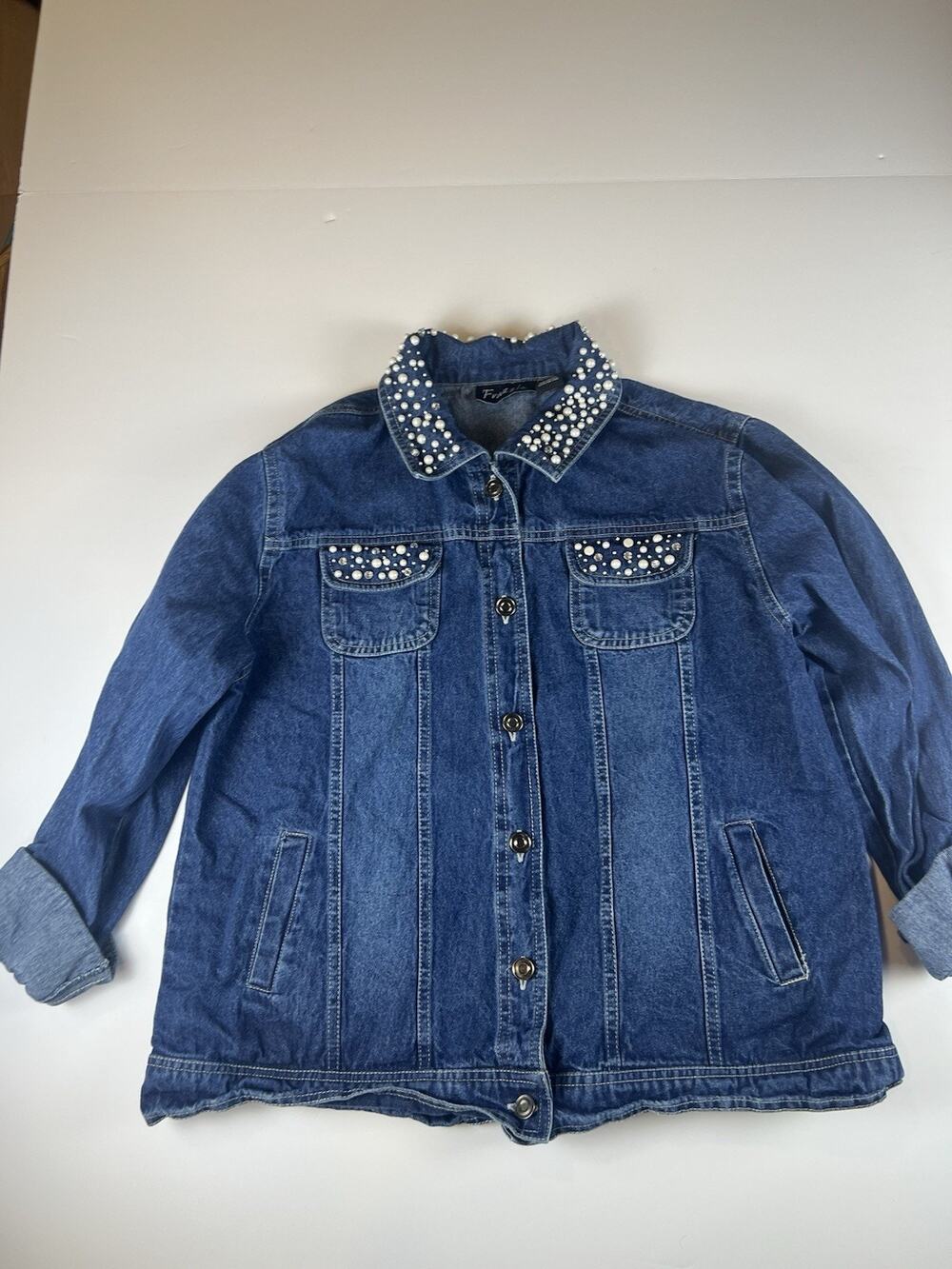 Frazzle Womens XL Denim Jacket Jean Pearl Rhinestone Embellished Blue Cotton